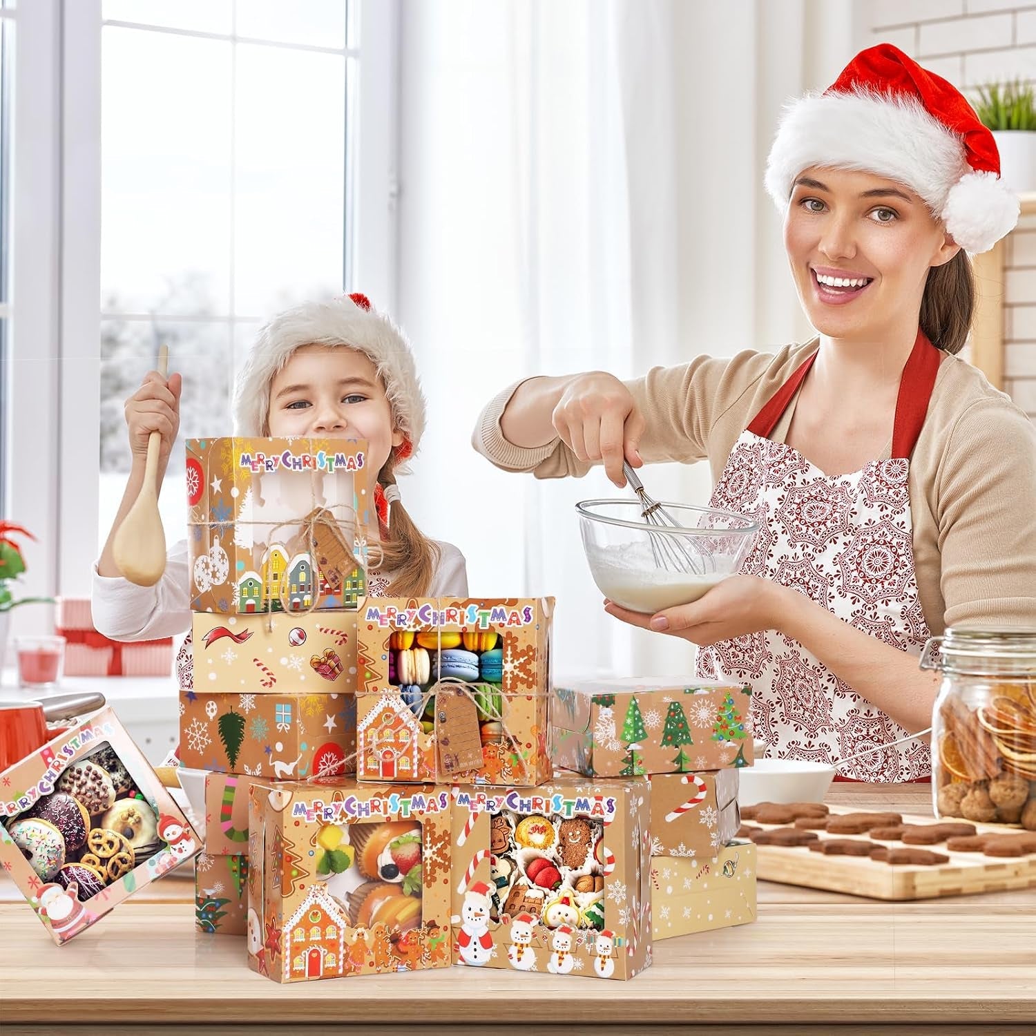 12Pcs Christmas Cup Cake Boxes,  16 * 16 * 7.5Cm Gift Boxes with Window+Rope+Gift Tag Gift Box Baking Packaging Christmas Tree Santa Claus DIY Snack Candy Cookies Food Box for Xmas Party Bakery