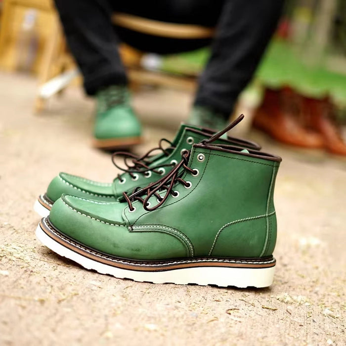 Goodyear-Welted Vintage Genuine Leather Ankle Motorcycle Boots Top Quality round Toe Men Casual Dress Work Green Boots