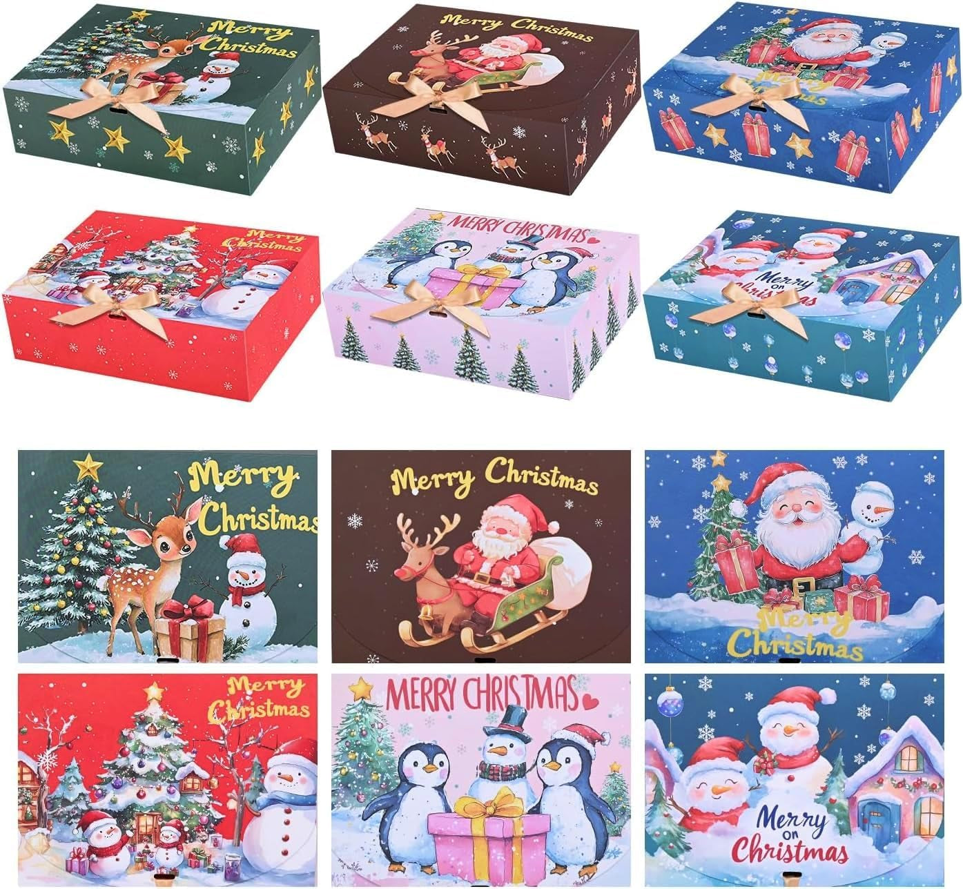 12Pcs Christmas Boxes Gift Boxes with Lids, 27CM X 20CM X 8CM Christmas Kraft Paper Gift Box Snowman Santa Claus Penguin Elk Box with Gold Ribbon for Christma Party Present Packaging
