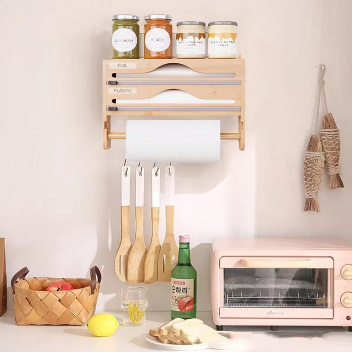 Bamboo Compartment Cling Film Tin Foil Cutter Box with Kitchen Paper Wall Mounted Paper Towel Kitchen Organizer Accessories
