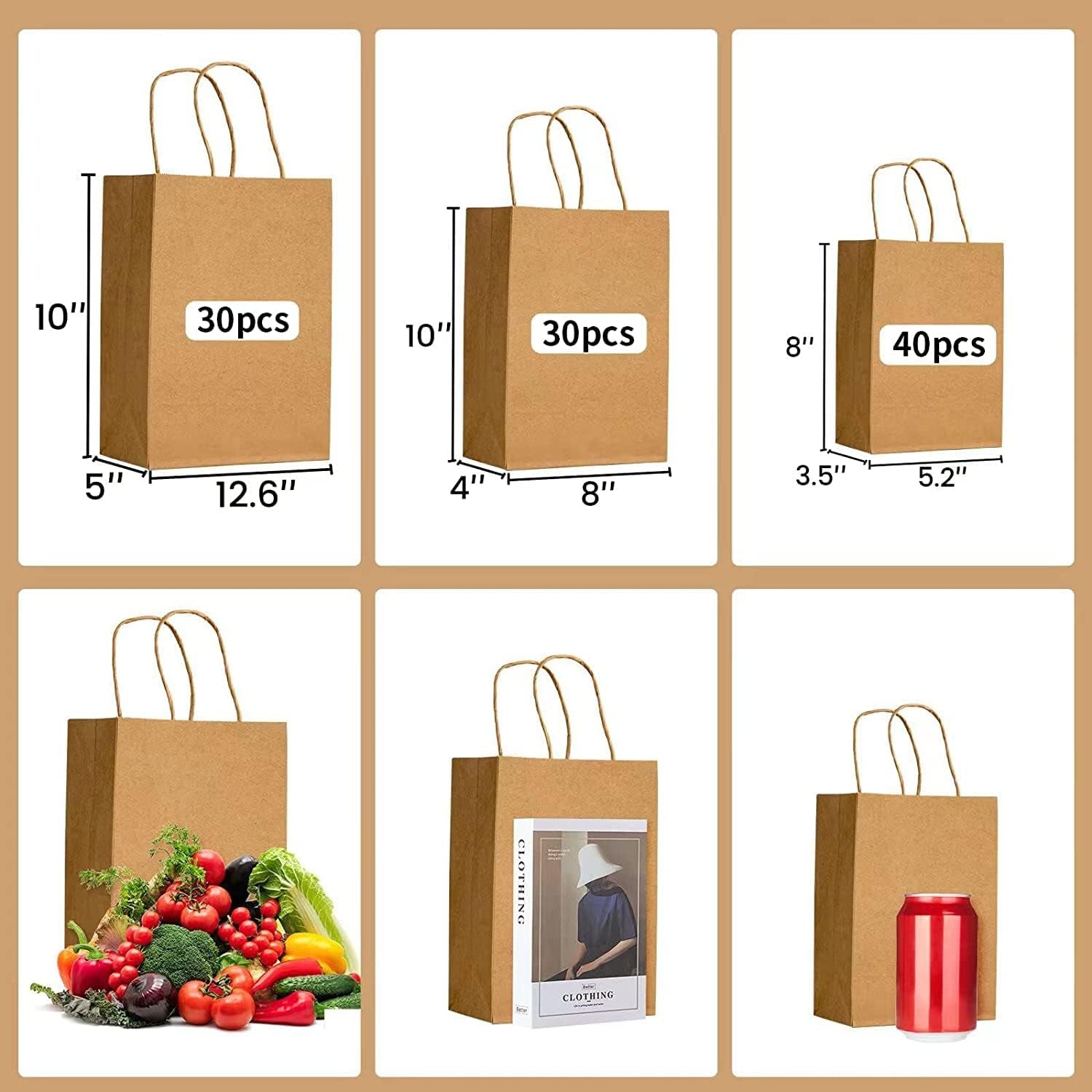 100Pcs Brown Kraft Paper Bags with Handles - Mixed Size Gift Bags for Business, Shopping, Retail, Party, Favor, Merchandise - Perfect for Bulk Use