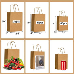 100Pcs Brown Kraft Paper Bags with Handles - Mixed Size Gift Bags for Business, Shopping, Retail, Party, Favor, Merchandise - Perfect for Bulk Use