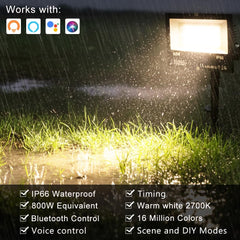 LED Floodlight Outdoor 800W, Smart RGB Flood Lights with APP Equivalent 8000LM, Colour Chaging - Warm White - Timing - Scene - IP66, UK 3-Plug, 2 Pack