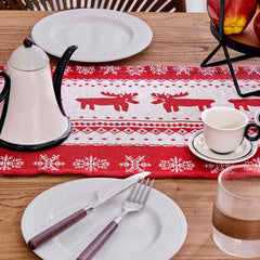 Christmas Table Runner, Red Modern Christmas Decorations with Christmas Reindeer and Snowflakes Xmas Pattern, Kitchen Dining Table Decoration for Home Party Decor, Winter Holiday, 35X180 Cm