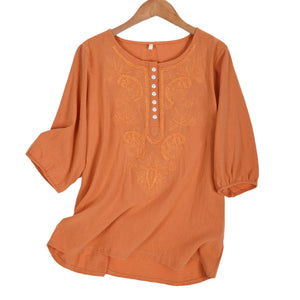 Artistic Retro Loose Design Embroidered Crew Neck Thin Cotton And Linen Women's Top