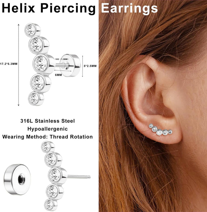 2Pcs Helix Piercing Jewellery Stainless Steel Cartilage Earrings for Women 16G Flat Back Earrings Stud Conch Piercing Earrings CZ Helix Earrings Silver Gold Tragus Piercing Jewellery