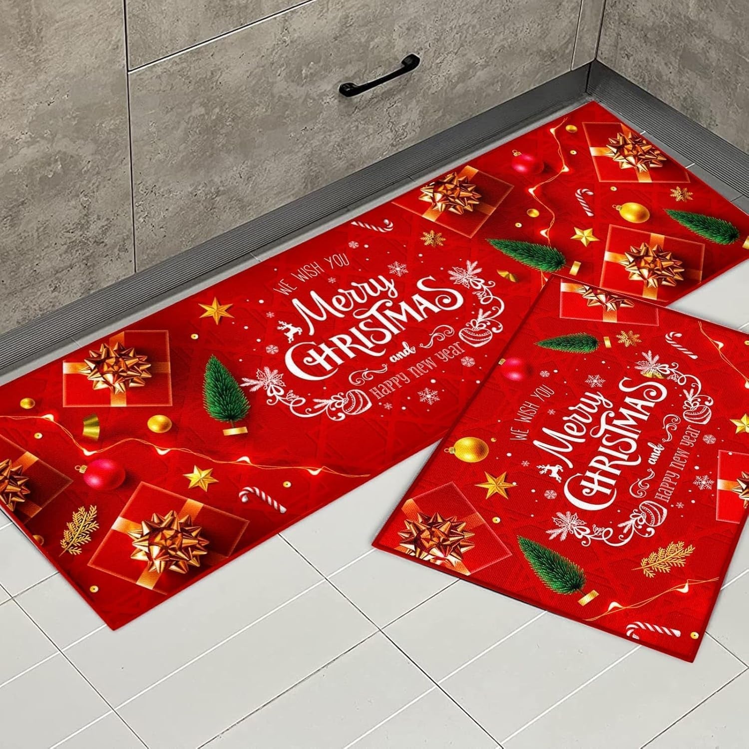 Christmas Rug Set Christmas Indoor Floor Red Rug, Xmas Door Mat Runner Rug Mat for Kitchen Home Decor Washable Runner. (Style B, 43X150+43X75Cm)