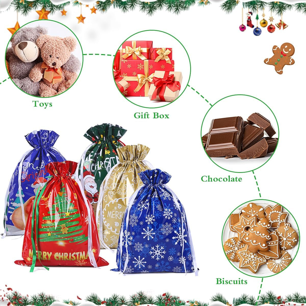 39 * 51Cm Large Size Xmas Goody Gift Wrapping Bag, 5Ps Christmas Drawstring Bags for Christmas Party-Snowflakes