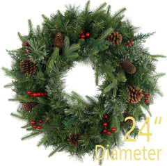 Christmas Wreath Pre-Lit 24 Inch with 50 Light & Pine Cone, Artificial Christmas Wreaths for Front Door with Lights, Wreath for Christmas Decoration Door Windows Wall Green