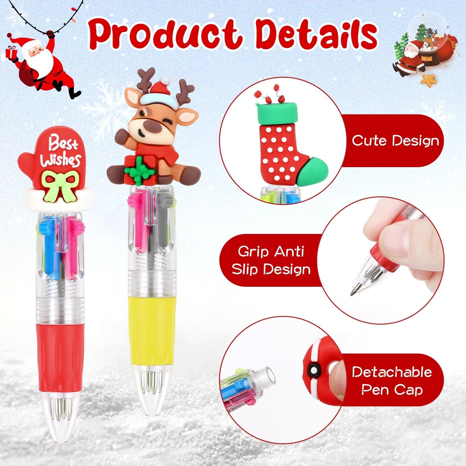 Christmas Multicolour Ballpoint Pens, 30PCS 4 Colours, Xmas Mini Retractable Pens for Kids Novelty Pens for Class Reward Gifts Party Bag Fillers