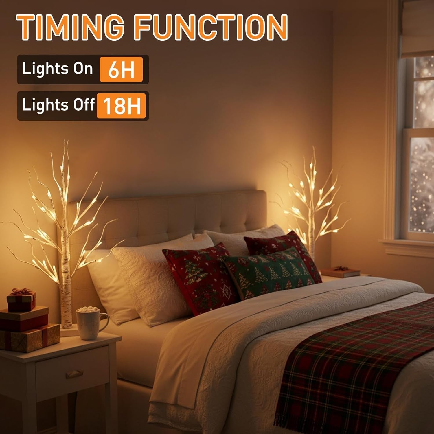 Set of 2- White Christmas Tree with Lights 2FT Tabletop Birch Tree with 24 Warm White Leds Battery Operated Light up Twig Tree for Home Party Wedding Easter Christmas Decoration