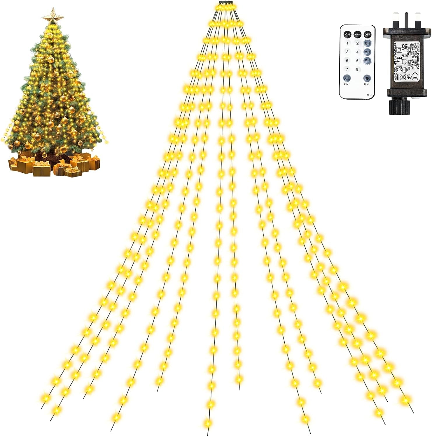 Christmas Tree Lights, 2M 12 Strands 300 LED Christmas Lights Indoor Outdoor with Remote/8 Modes/Timer/Dimmable, IP65 Waterproof Warm White Fairy String Lights for Xmas Tree Decor
