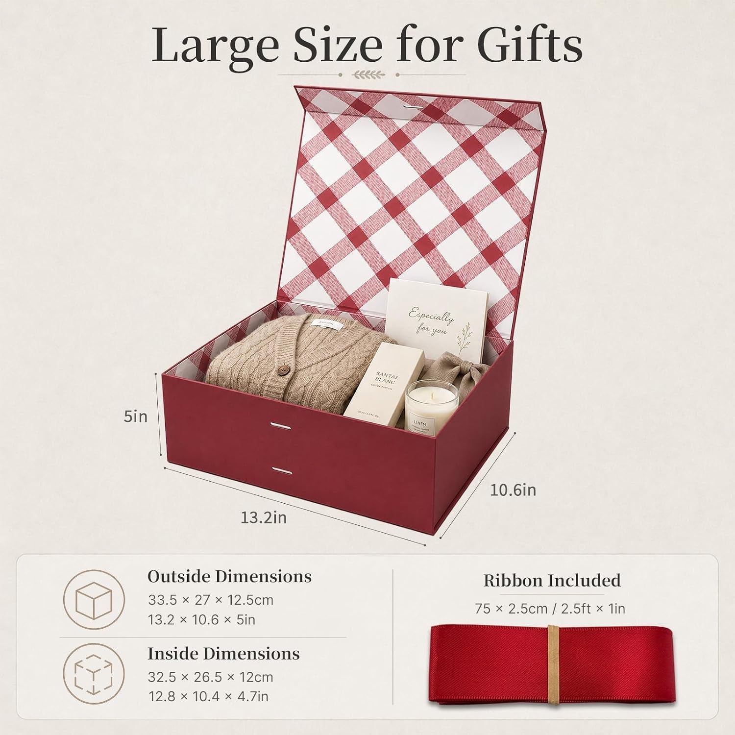 Red Large Gift Box 33.5X27X12.5 Cm, Premium Present Box with Magnetic Lid and Ribbon for Holidays Wedding Birthday Gift Packaging, Plaid Lining