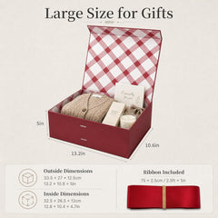 Red Large Gift Box 33.5X27X12.5 Cm, Premium Present Box with Magnetic Lid and Ribbon for Holidays Wedding Birthday Gift Packaging, Plaid Lining