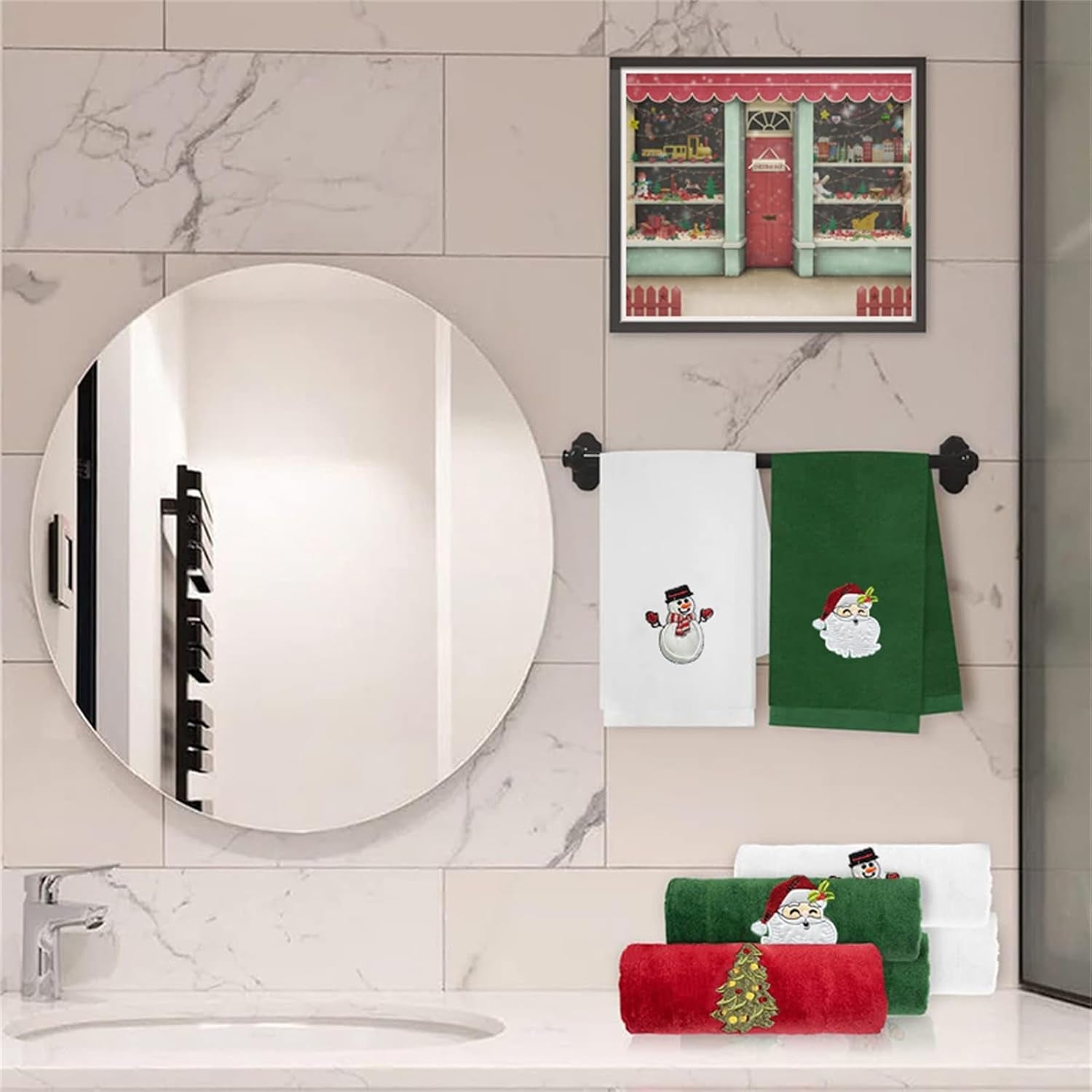 Set of 3 Hand Towels for Kitchen and Bathroom 12X18In Cotton Embroidered Dish Towels Christmas Theme Decorative Towels Gift (Red White Green, One Size)