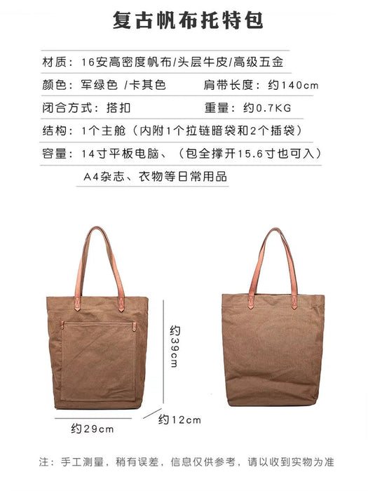 Men Retro Tote 16Oz Canvas Shoulder Bag with Top Layer Genuine Leather