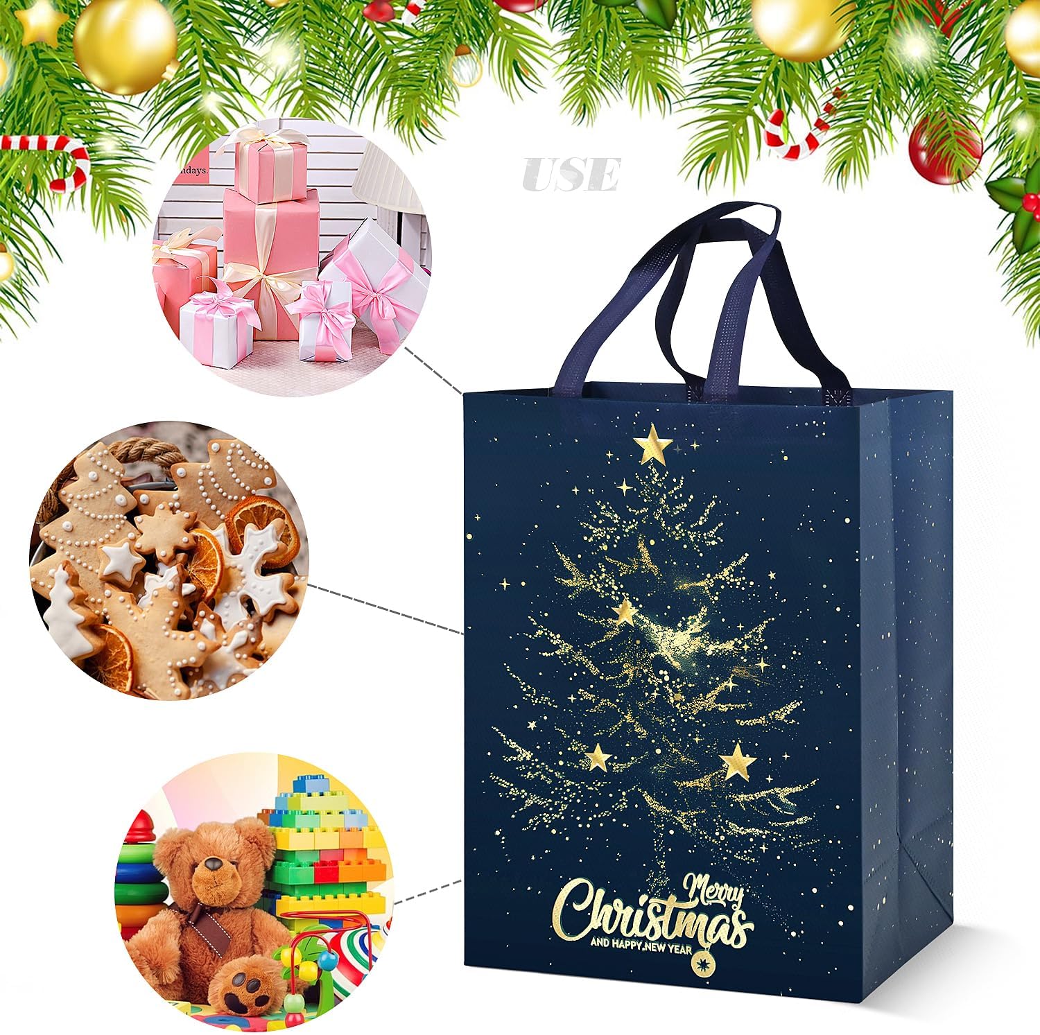 Large Christmas Gifts Bags 4Pcs,41 * 30 * 18 Christmas Presents Bags,Gold Tree Xmas Bags for Presents