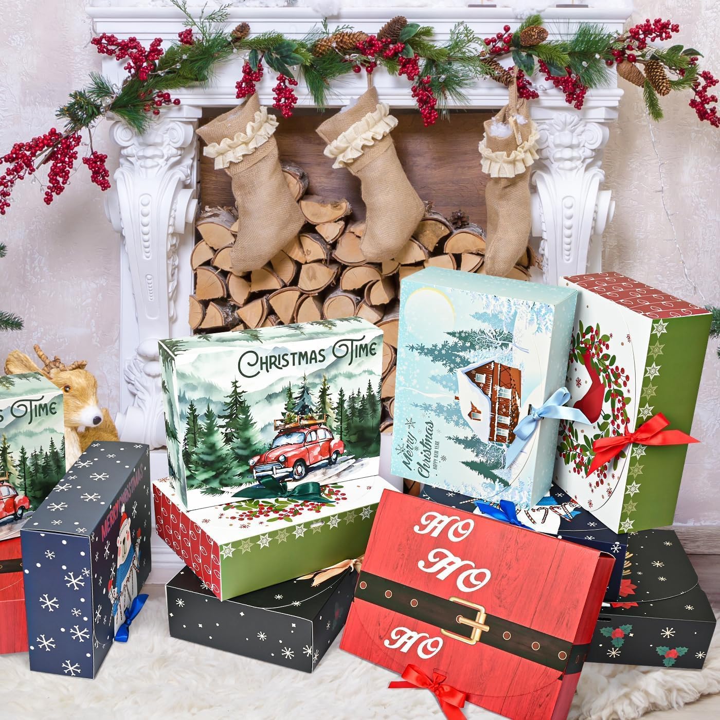 12Pcs Christmas Boxes Gift Boxes with Lids, 27CM X 20CM X 8CM Christmas Kraft Paper Gift Box Christma Theme Pattern Box with Multicolor Ribbon for Christma Party Present Packaging