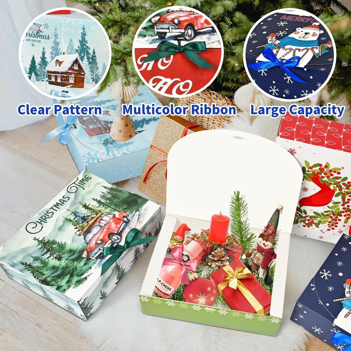 12Pcs Christmas Boxes Gift Boxes with Lids, 27CM X 20CM X 8CM Christmas Kraft Paper Gift Box Christma Theme Pattern Box with Multicolor Ribbon for Christma Party Present Packaging