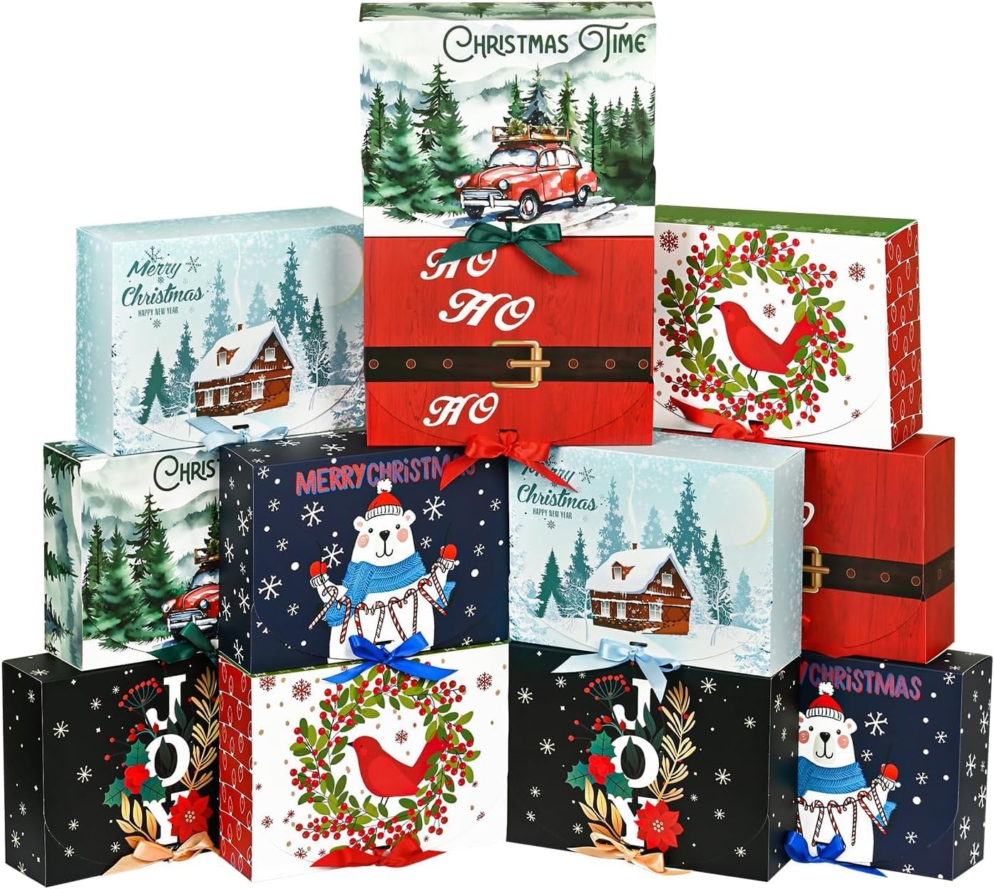 12Pcs Christmas Boxes Gift Boxes with Lids, 27CM X 20CM X 8CM Christmas Kraft Paper Gift Box Christma Theme Pattern Box with Multicolor Ribbon for Christma Party Present Packaging