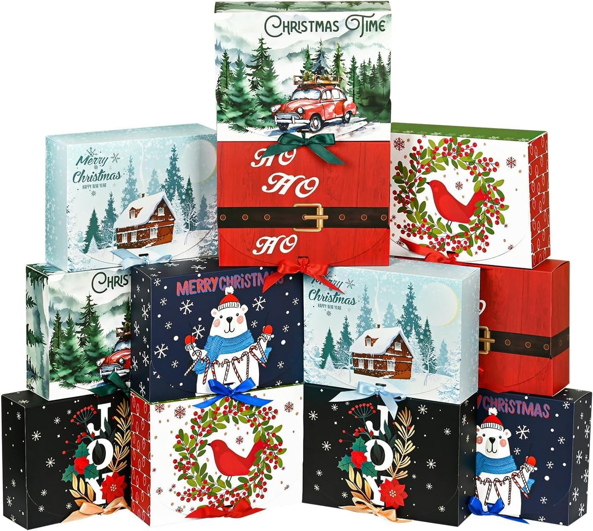 12Pcs Christmas Boxes Gift Boxes with Lids, 27CM X 20CM X 8CM Christmas Kraft Paper Gift Box Christma Theme Pattern Box with Multicolor Ribbon for Christma Party Present Packaging