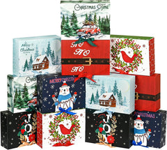 12Pcs Christmas Boxes Gift Boxes with Lids, 27CM X 20CM X 8CM Christmas Kraft Paper Gift Box Christma Theme Pattern Box with Multicolor Ribbon for Christma Party Present Packaging