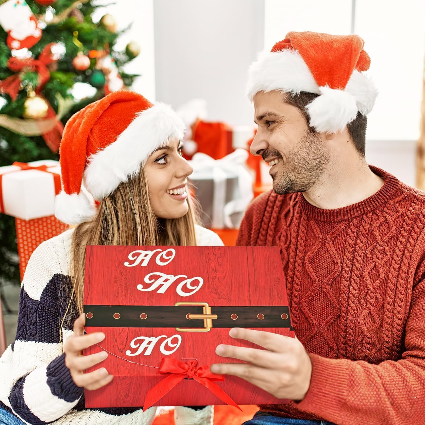 12Pcs Christmas Boxes Gift Boxes with Lids, 27CM X 20CM X 8CM Christmas Kraft Paper Gift Box Christma Theme Pattern Box with Multicolor Ribbon for Christma Party Present Packaging