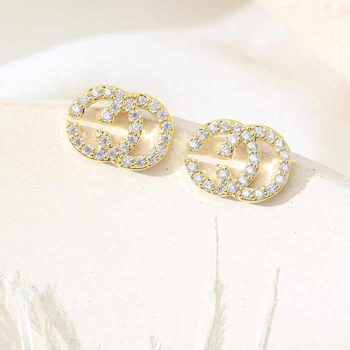 925 Sterling Silver Korean Sparkling Crystal English Letter Double C Stud Earrings Women Girl Sweet Jewelry-Silver