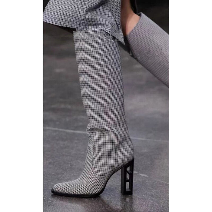 Pointed Toe Knee Boots Brand New Hollow Wooden High Heel