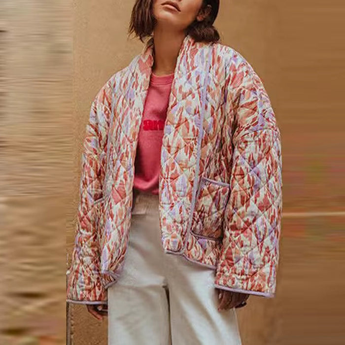 Autumn Winer Women Coat Geometric Print Casual Jackets for Women Fashion Long Sleeve Outerwear