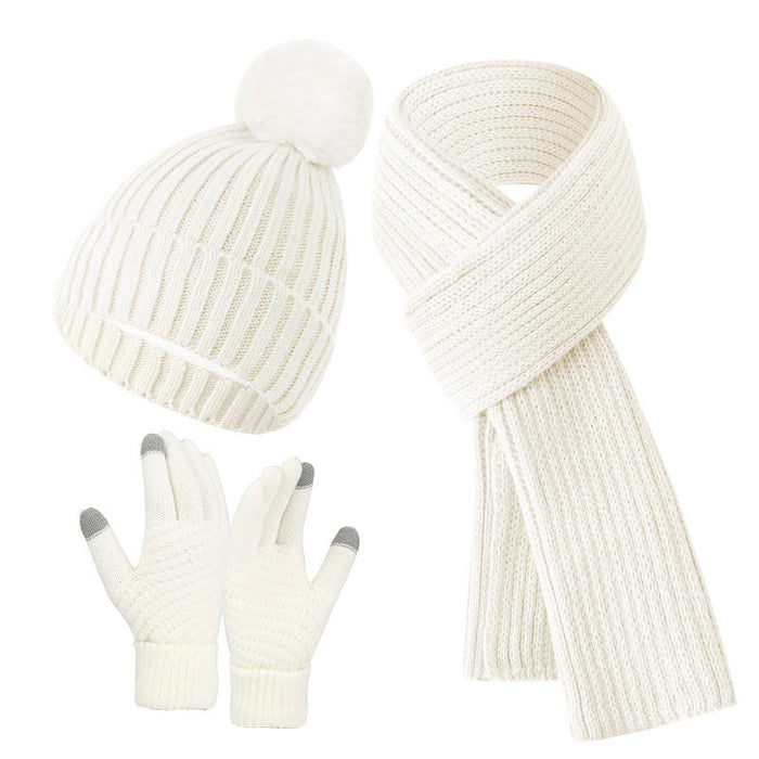Solid Color Woven Hat Scarf And Gloves Warm Set