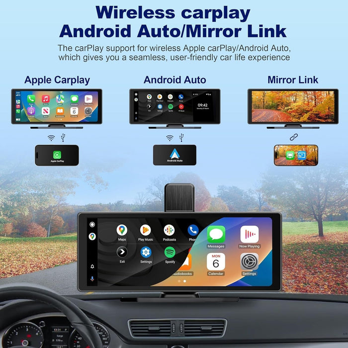 Portable Car Stereo,For Wireless Apple Carplay & Android Auto,10.26 Inch 1080P HD Touch Screen Radio with BT 5.0, Mirror Link Support Truck RV Dash Mount (10.26 Inch+Dual - Camera)