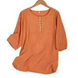 Artistic Retro Loose Design Embroidered Crew Neck Thin Cotton And Linen Women's Top