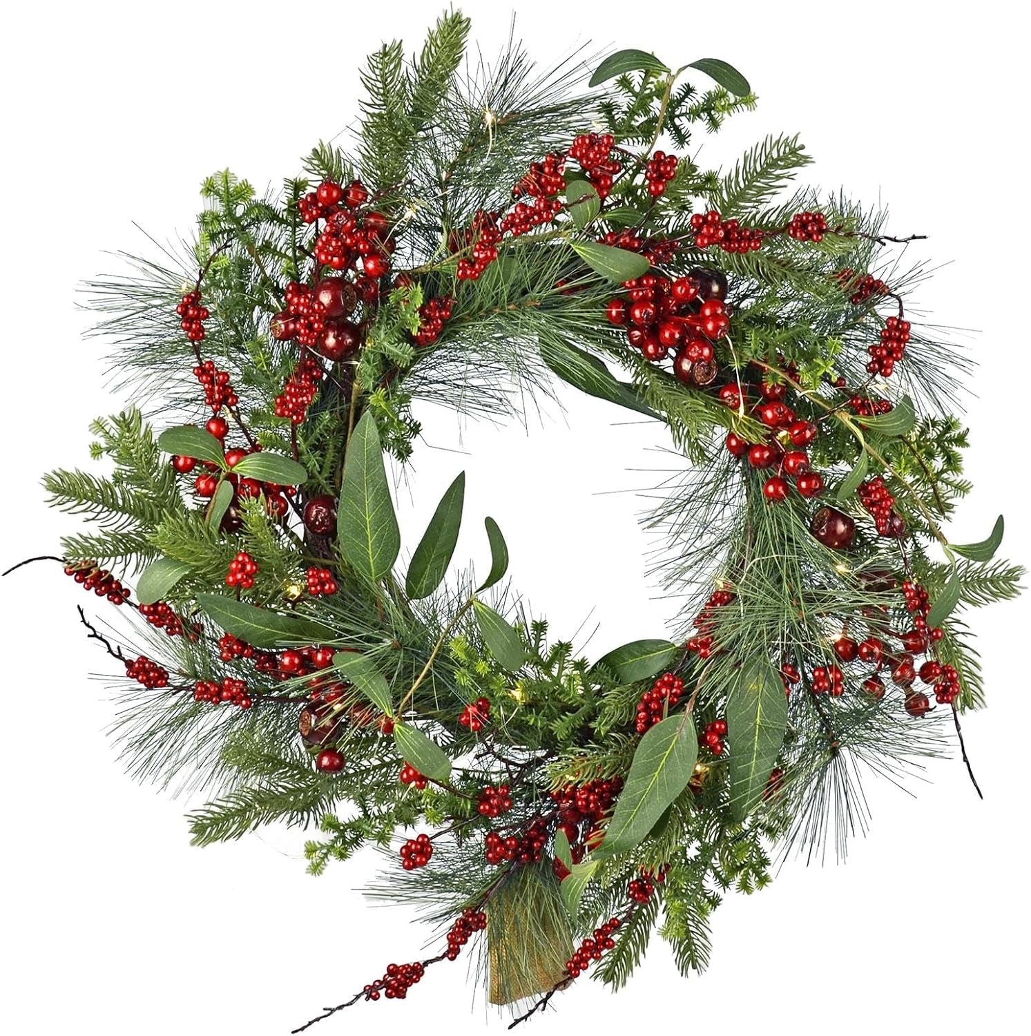 Red Berries Christmas Wreath Light up Pine Spruce Branches Rattan Twigs 60Cm
