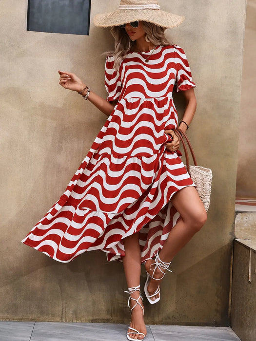 Wavy Striped Round Neck Short Sleeve Dress