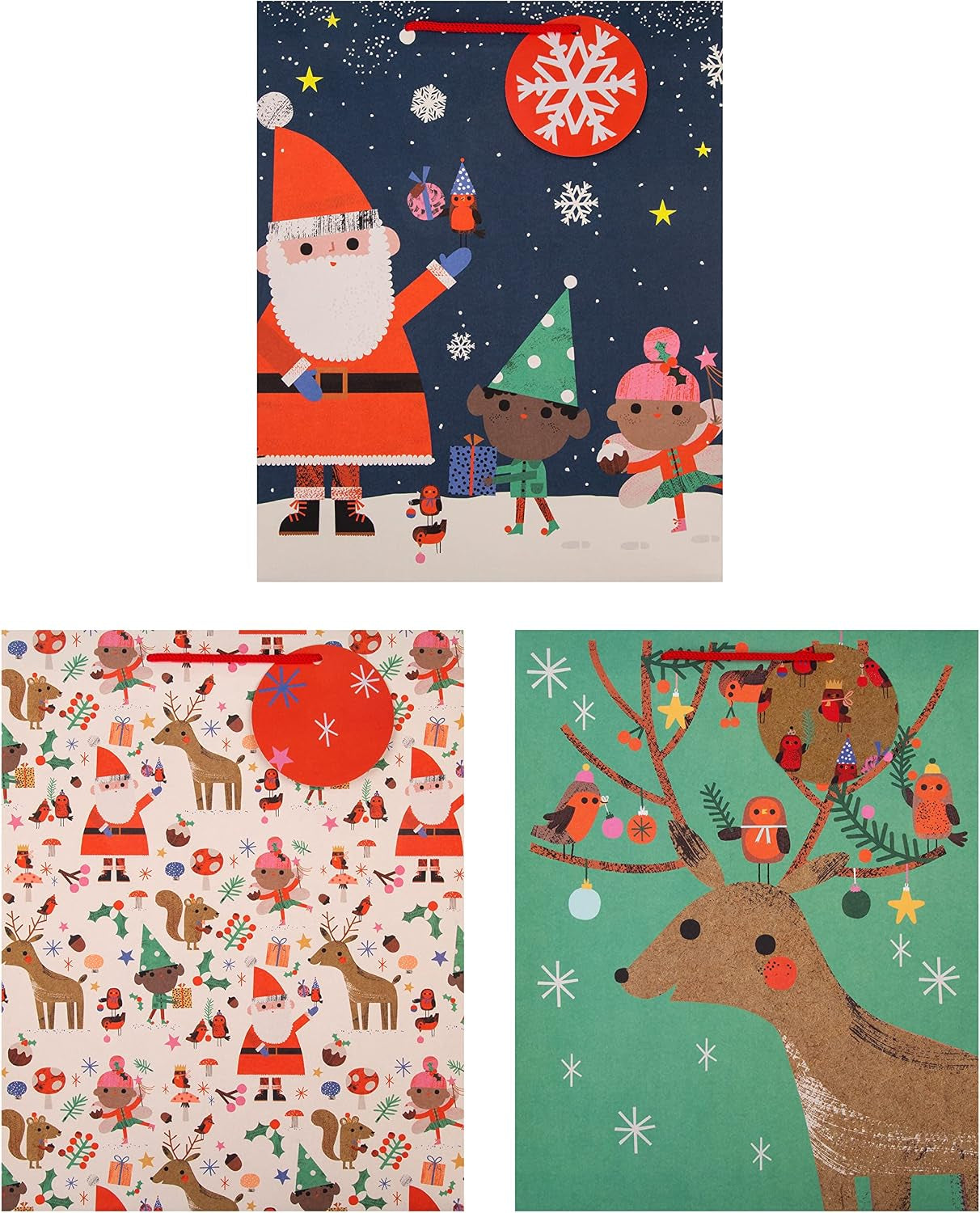 Gift Bags, Santa & Reindeer Designs, Large, 3-Pack, Christmas