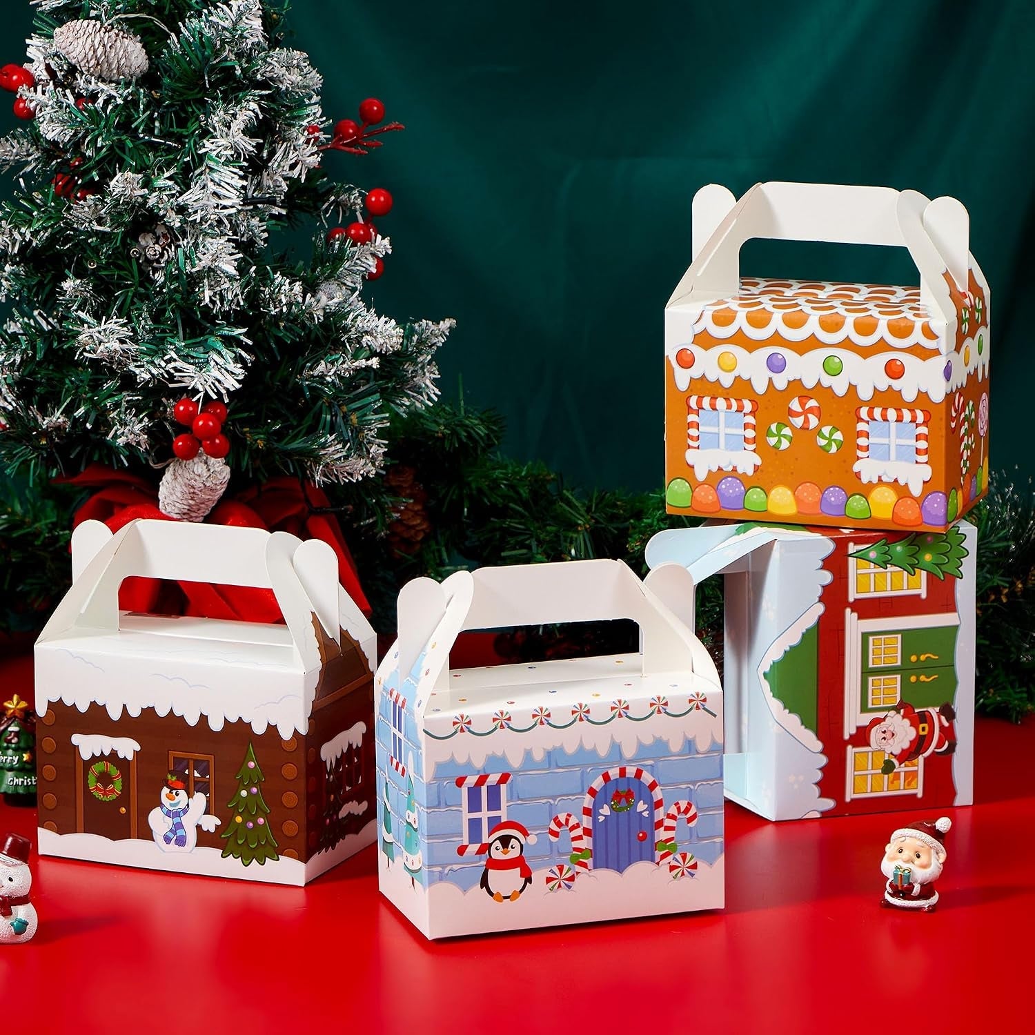 24 PCS 3D Christmas House Cardboard Treat Boxes for Holiday Xmas Goody Gift, Goodie Paper Boxes, School Classroom Party Favor Supplies, Candy Treat Cardboard Cookie Boxes