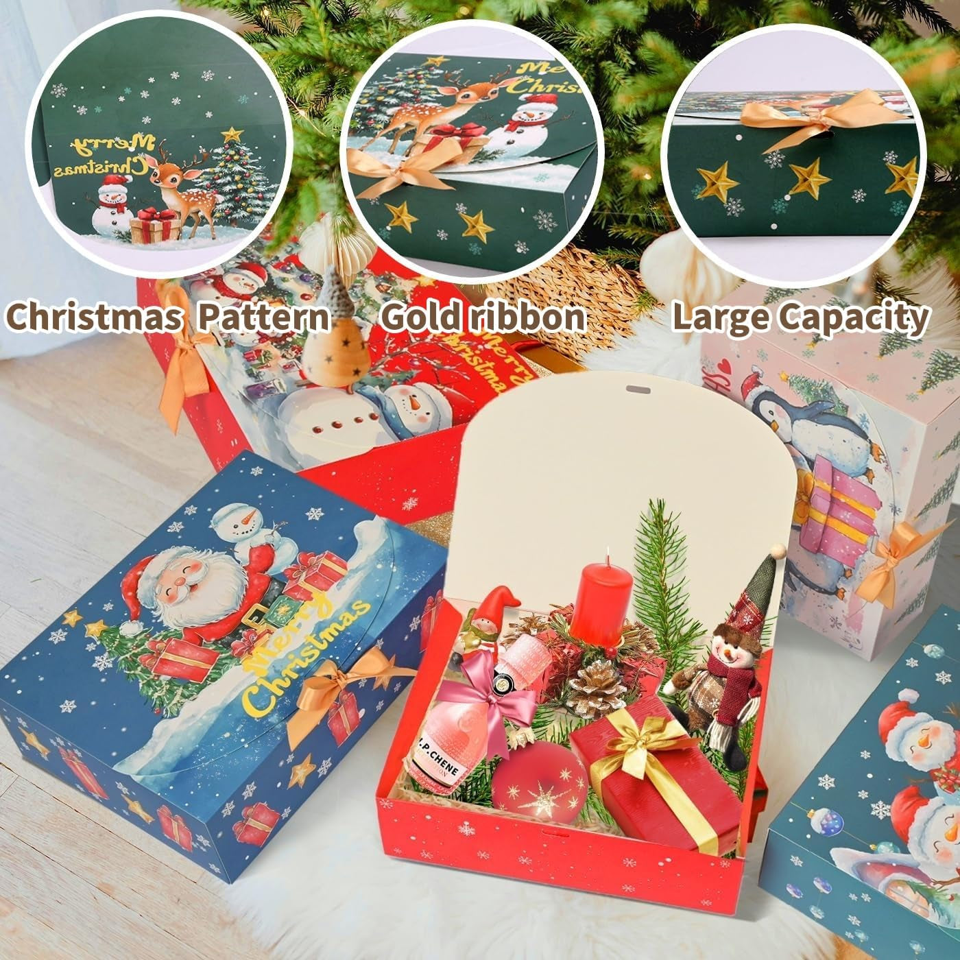 12Pcs Christmas Boxes Gift Boxes with Lids, 27CM X 20CM X 8CM Christmas Kraft Paper Gift Box Snowman Santa Claus Penguin Elk Box with Gold Ribbon for Christma Party Present Packaging