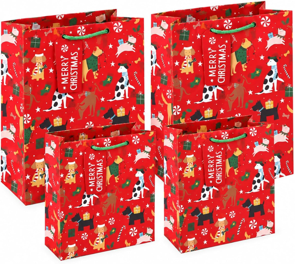 4 Pack of Christmas Dog Gift Bags with Handles, 2 Medium 26 X 15 X 33 Cm & 2 Small 21.5 X 10 X 25.3 Cm, Xmas Present Bags, Festive Gift Packaging for Family Friends Christmas Presents