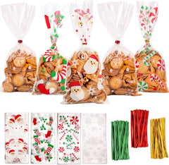 120 Pieces Christmas Cellophane Bags Xmas Gift/Goodies Treat Bags with 180 Pieces Twist Ties