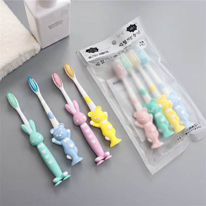 SMGSLIB 4Pcs Children'S Soft Toothbrush Cute Bear and Rabbit Brush Dental Care Baby Toothbrushes with Suction Cup Oral Items