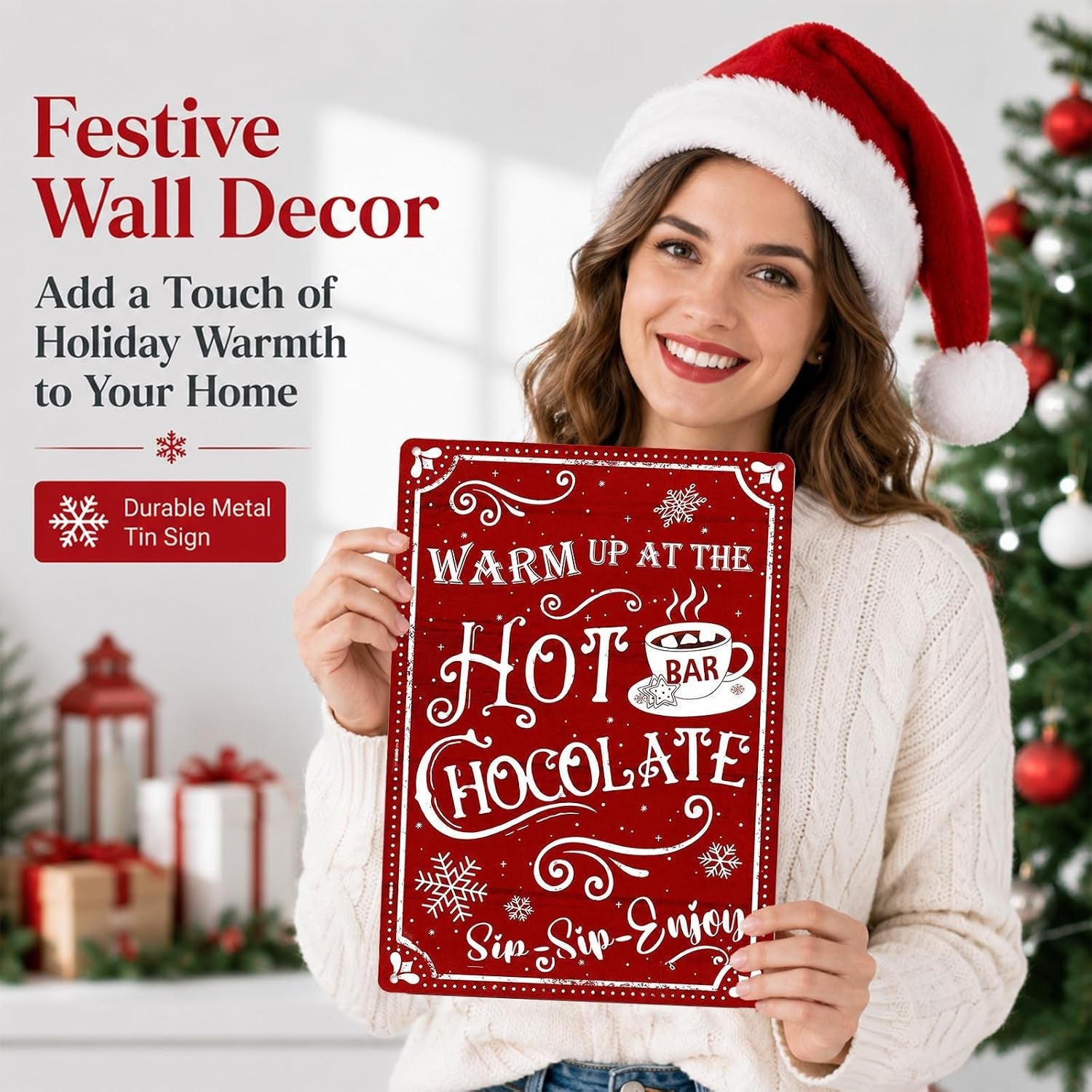 Hot Cocoa Station Sign, Metal Christmas Kitchen Accessories for Wall Decor