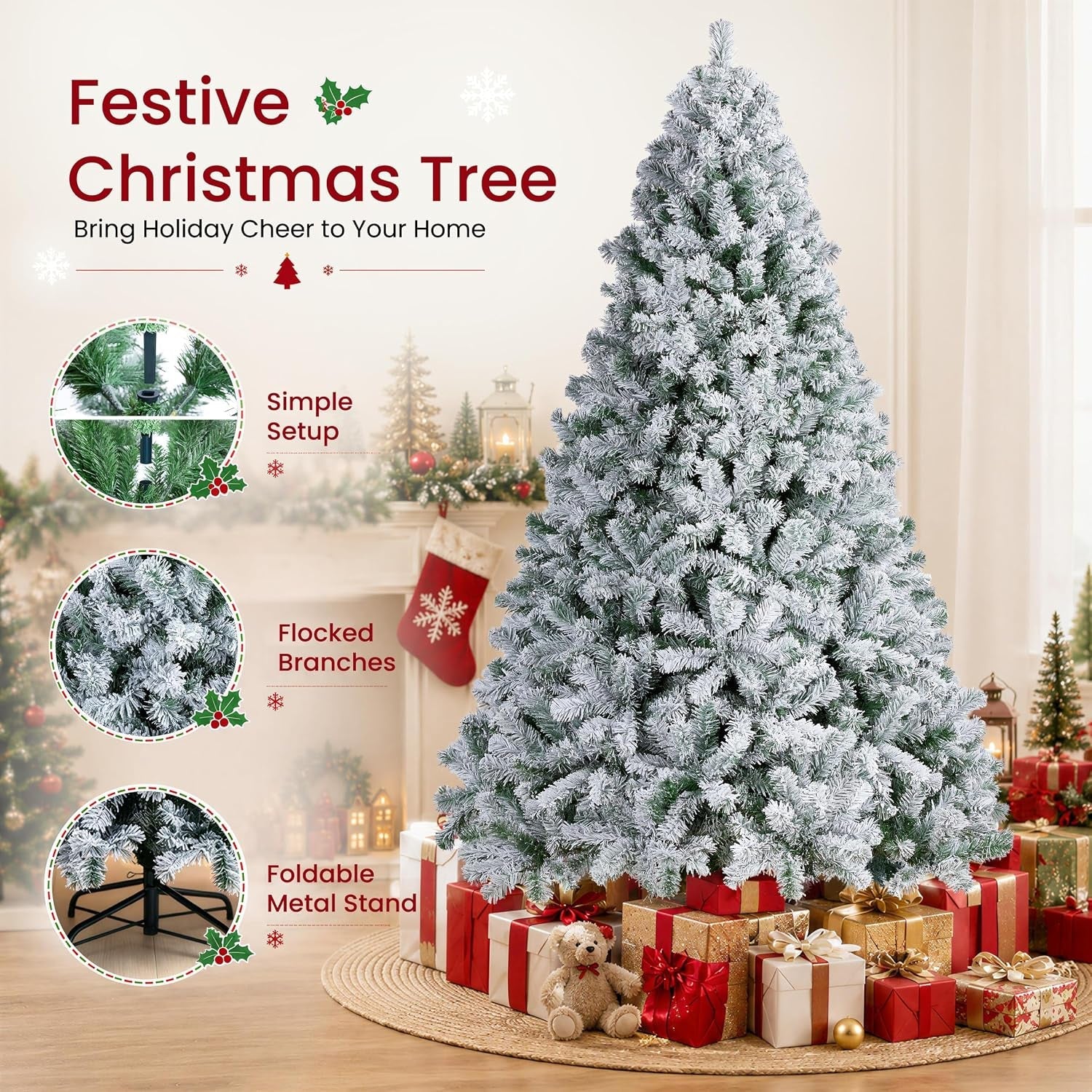 7.5Ft Snow Flocked Artificial Tree, Foldable Stand, Green & White