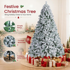7.5Ft Snow Flocked Artificial Tree, Foldable Stand, Green & White