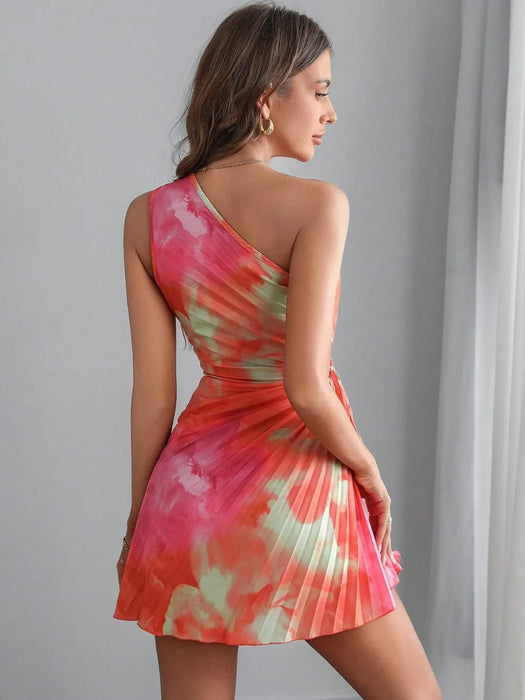 Cutout Drawstring Pleated Tie-Dye Sleeveless Mini Dress