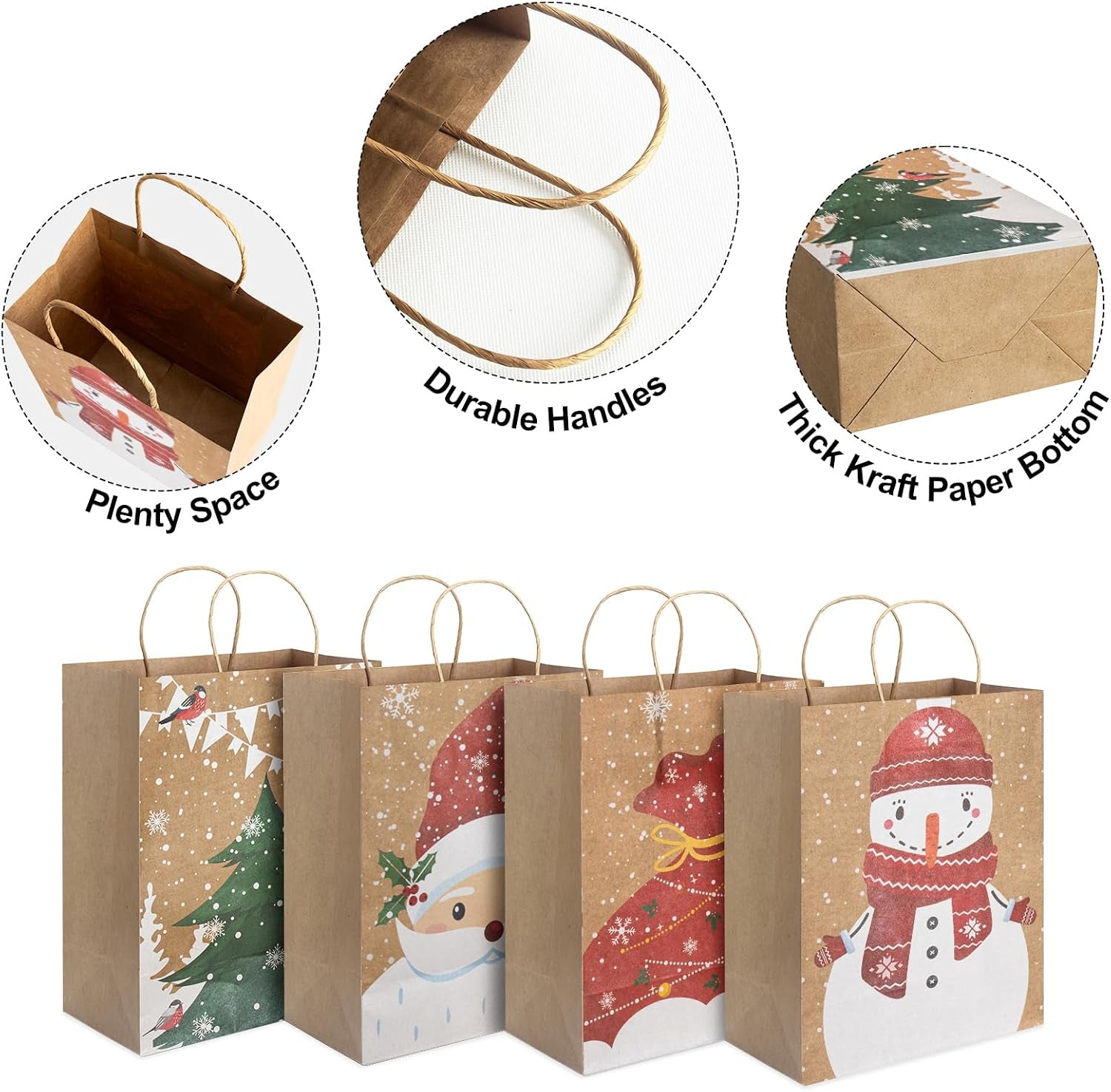 12PCS Kraft Christmas Paper Bags with Handles, 23X18X10Cm Jute Brown, 4 Festive Designs for Holiday Party Favours, Gift Wrapping & Xmas Decor
