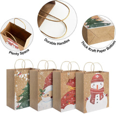 12PCS Kraft Christmas Paper Bags with Handles, 23X18X10Cm Jute Brown, 4 Festive Designs for Holiday Party Favours, Gift Wrapping & Xmas Decor