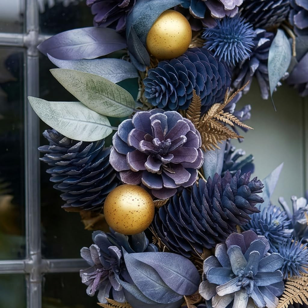 Christmas Wreath Blue Pine Cone Wreath with Gold Leaf & Bauble Decorations