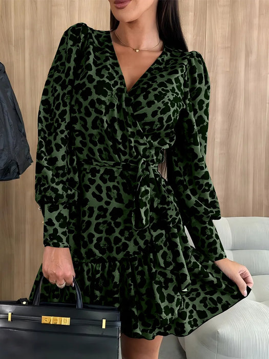 Women's long sleeved bubble sleeve V-neck lace up printed dress