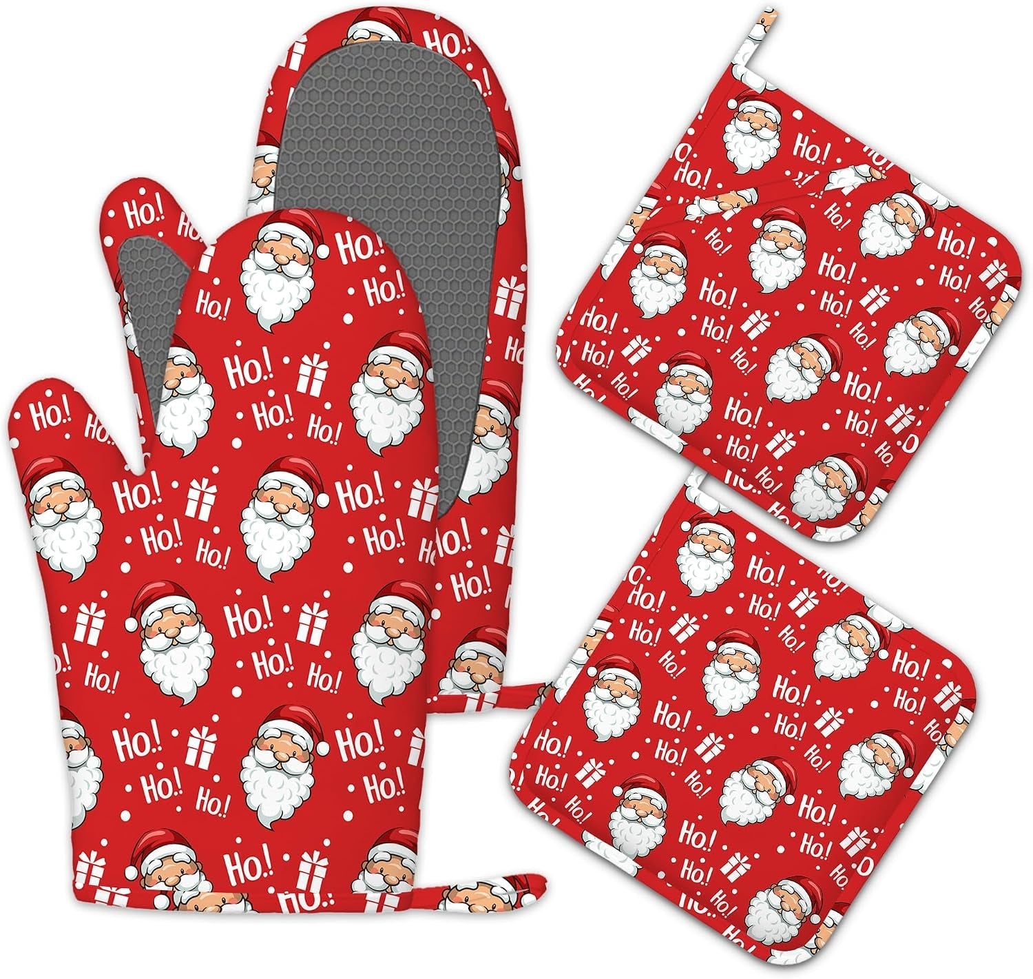 Santa Claus Oven Gloves Heat Resistant,Christmas Oven Mitts and Pot Holder Kitchen Non-Slip Silicone Cooking Microwave Gloves for Cooking Baking Grilling